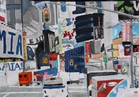 Title: "Busy". A Times Square Watercolor